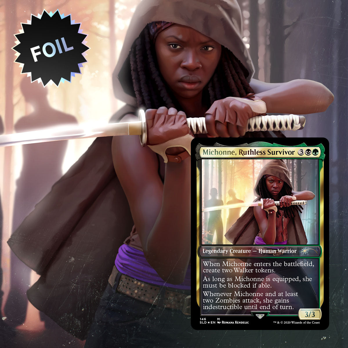 MTG x Walking Dead Secret Lair Card Michonne Ruthless Survivor