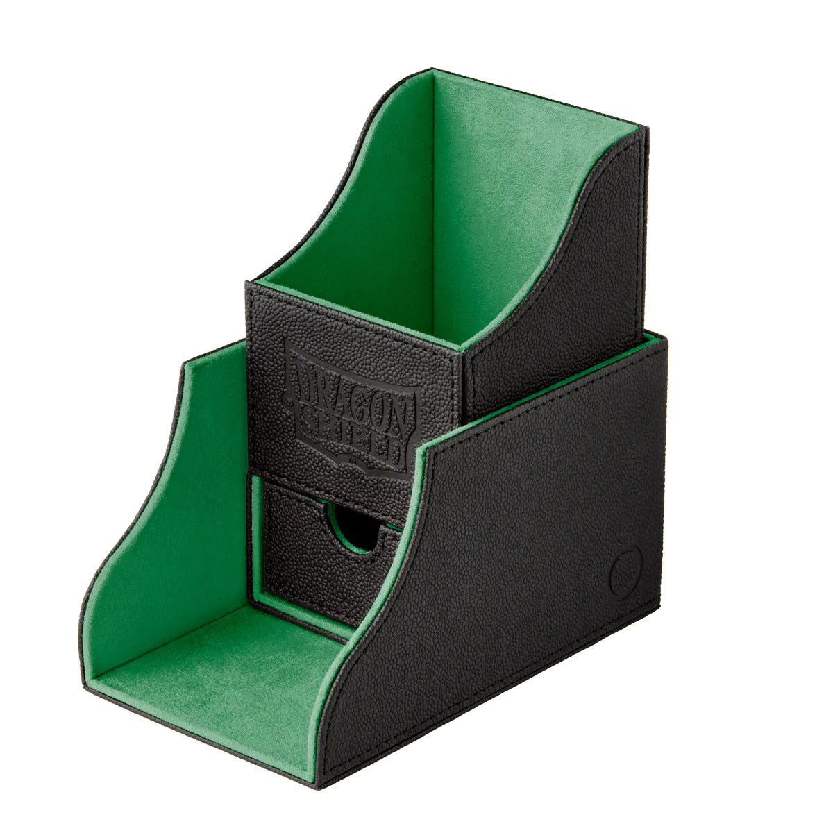 Dragon Shield Nest 100 Black/Green holds 115+ double-sleeved cards or 100+ double-sleeved cards